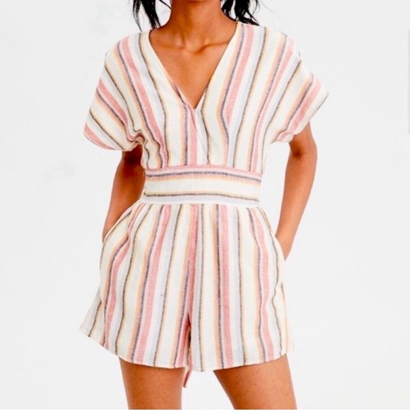 American Eagle Stripe Linen Blend Romper - Women's Size Small Long - Picture 1 of 8